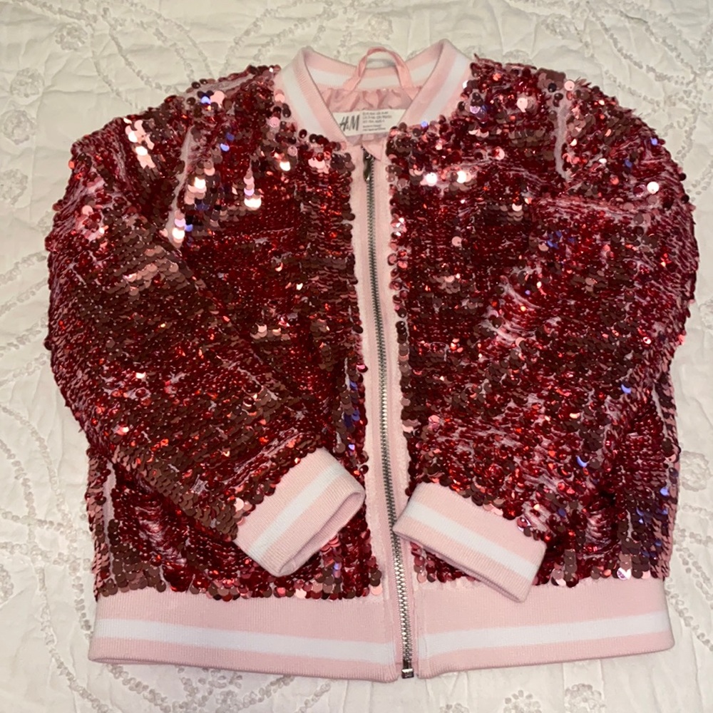 Girls pink sequin bomber jacket with unicorn detail on the back